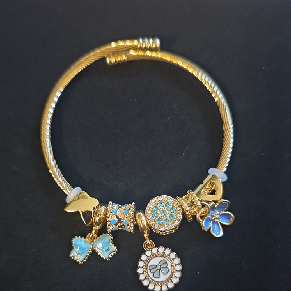 Gold-Tone Blue Flower & Butterfly Charm Bracelet